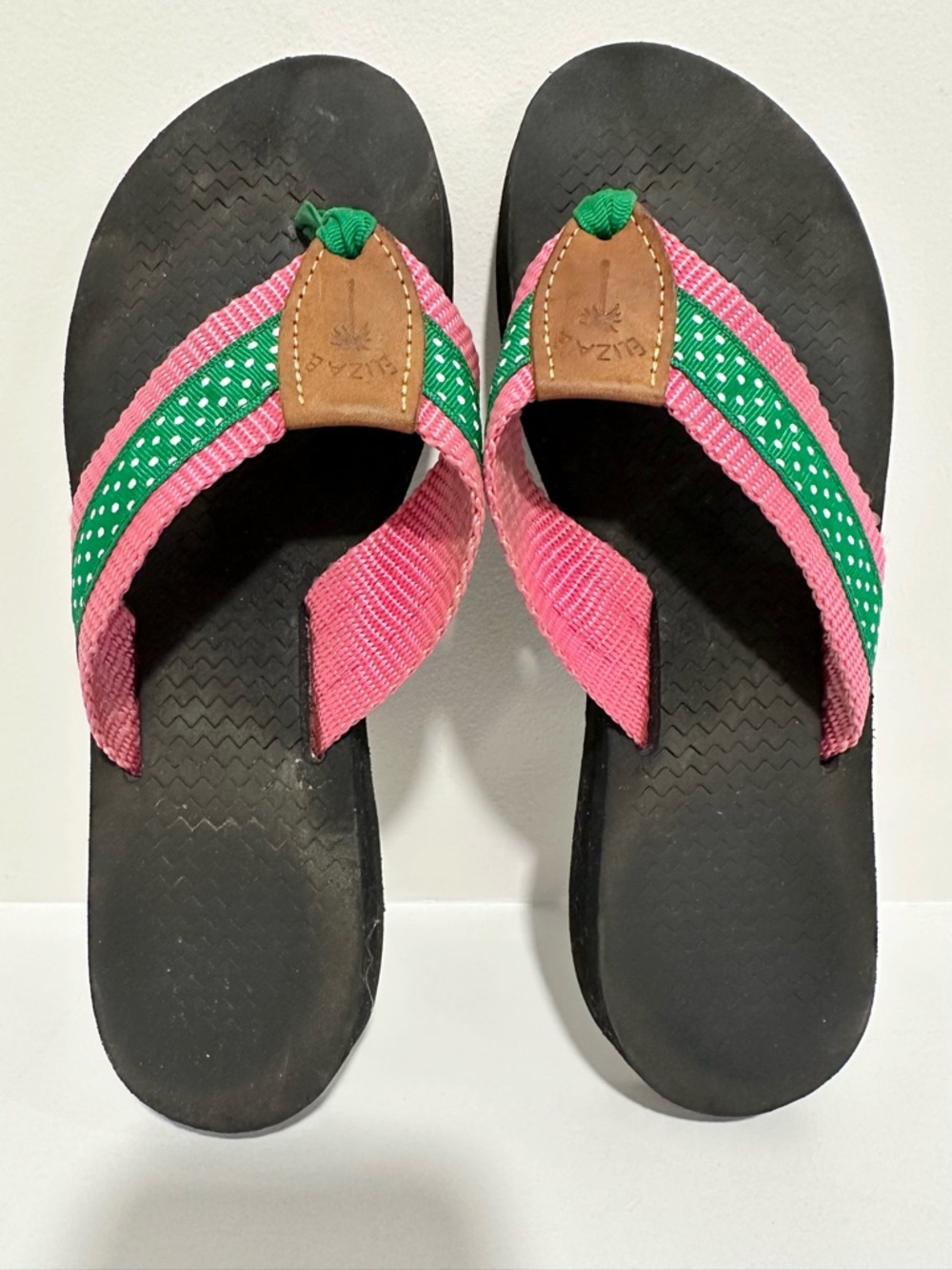 Eliza B Pink & Green Polka Dots Woven Strap Flip Flop Sandals Size 7.5 / 8